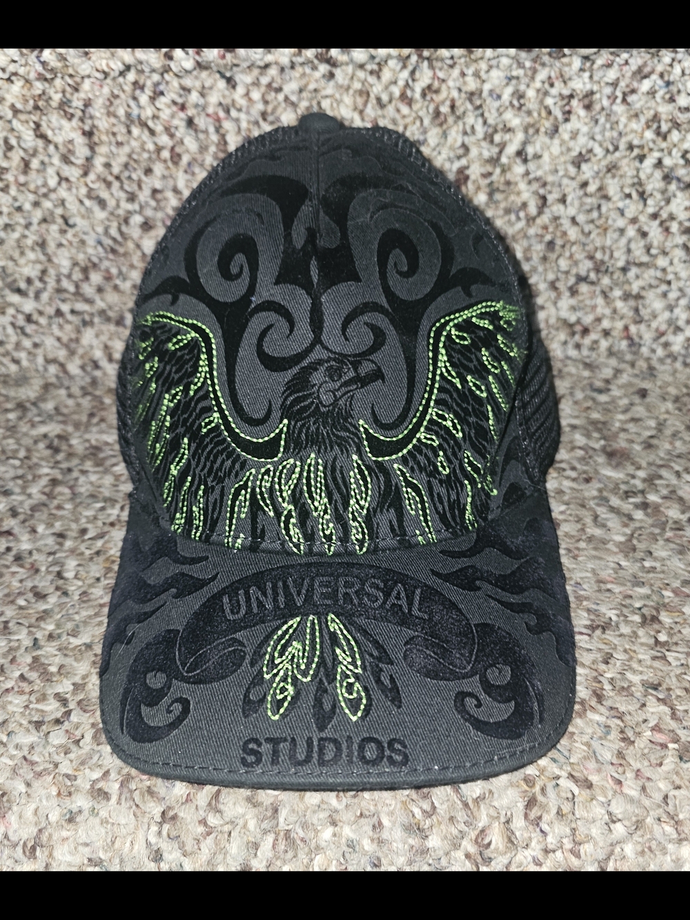 Universal Studios Black Cap with Neon Green Embroidered Eagle